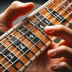 Close-up of a beginner-friendly 4-string bass guitar fretboard with labeled strings and frets, showing finger placement for basic notes.