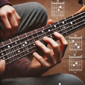 Simple 4-string bass guitar chord chart for beginners, displaying easy-to-read chord diagrams and finger positions.