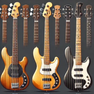 Side-by-side comparison of different 4-string bass guitar body shapes and finishes, highlighting beginner-friendly options.