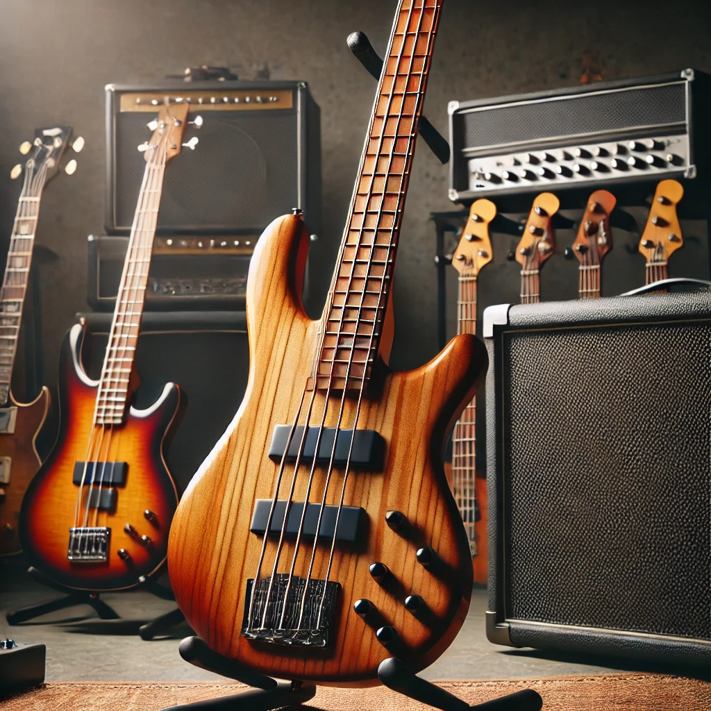 High-quality 4-string bass guitar on a stand in a music studio, surrounded by amplifiers and music equipment, ideal for beginners.