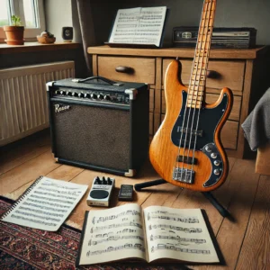 Home practice setup for a beginner bassist, featuring a 4-string bass guitar, a small amplifier, sheet music, and a tuner.