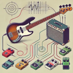Illustration showing a 6-string electric bass guitar connected to an amplifier and effects pedals like distortion, reverb, and chorus, with a clear signal flow path.
