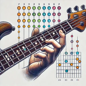 Fretboard diagram for a 6-string electric bass guitar, showing proper finger positioning for common scales and chords with colored dots on the frets.
