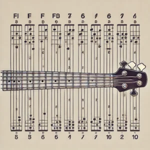 Diagram illustrating the note positions on a 6-string bass guitar fretboard for easy reference.