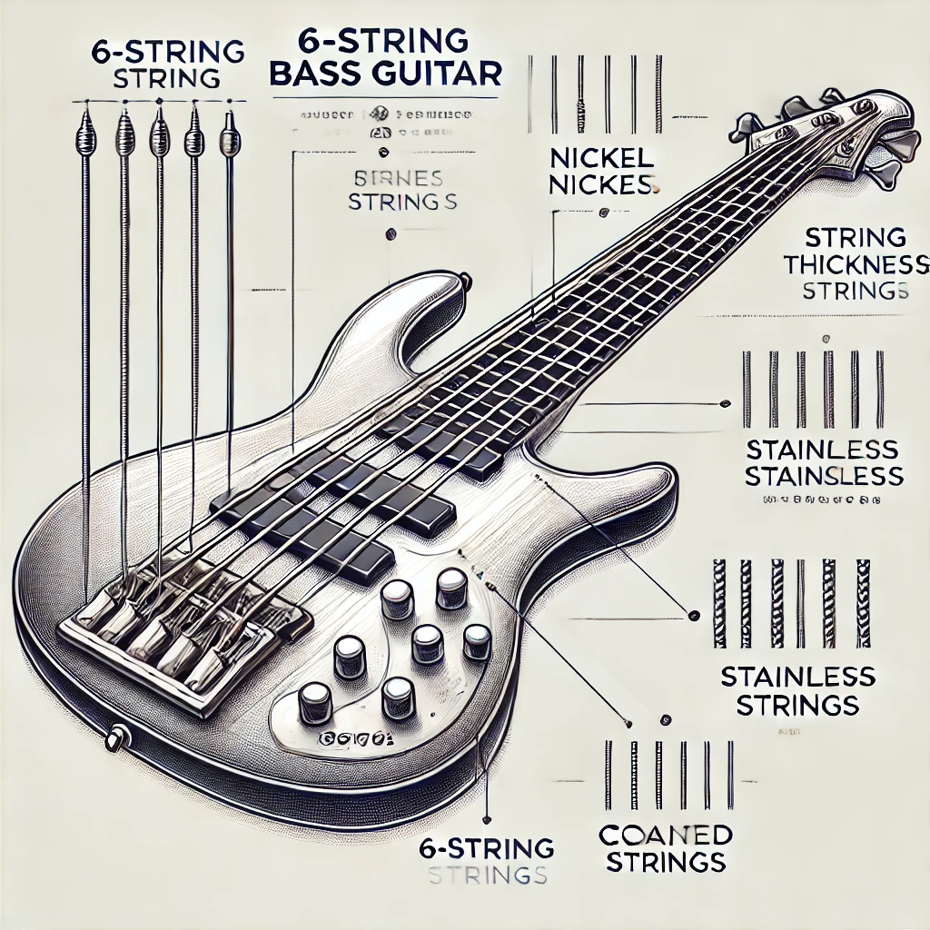 Close-up of a 6 string bass guitar showcasing the strings and fretboard with a professional studio lighting setup