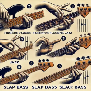 Illustration showing different playing techniques for a 6-string electric bass guitar across jazz, rock, and funk genres, including fingerstyle plucking, slap bass, and pick playing.