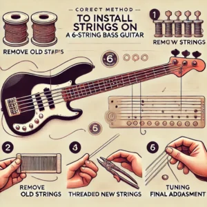 Step-by-step guide illustrating the correct method to install strings on a 6-string bass guitar, including removal, threading, tuning, and adjustments