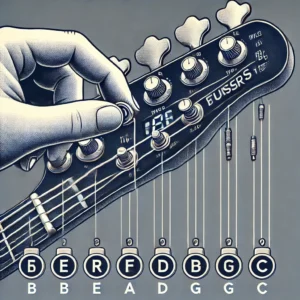 Step-by-step visual guide for tuning a 6-string electric bass guitar, showing a hand adjusting the tuning pegs while a digital tuner displays the notes (B-E-A-D-G-C).
