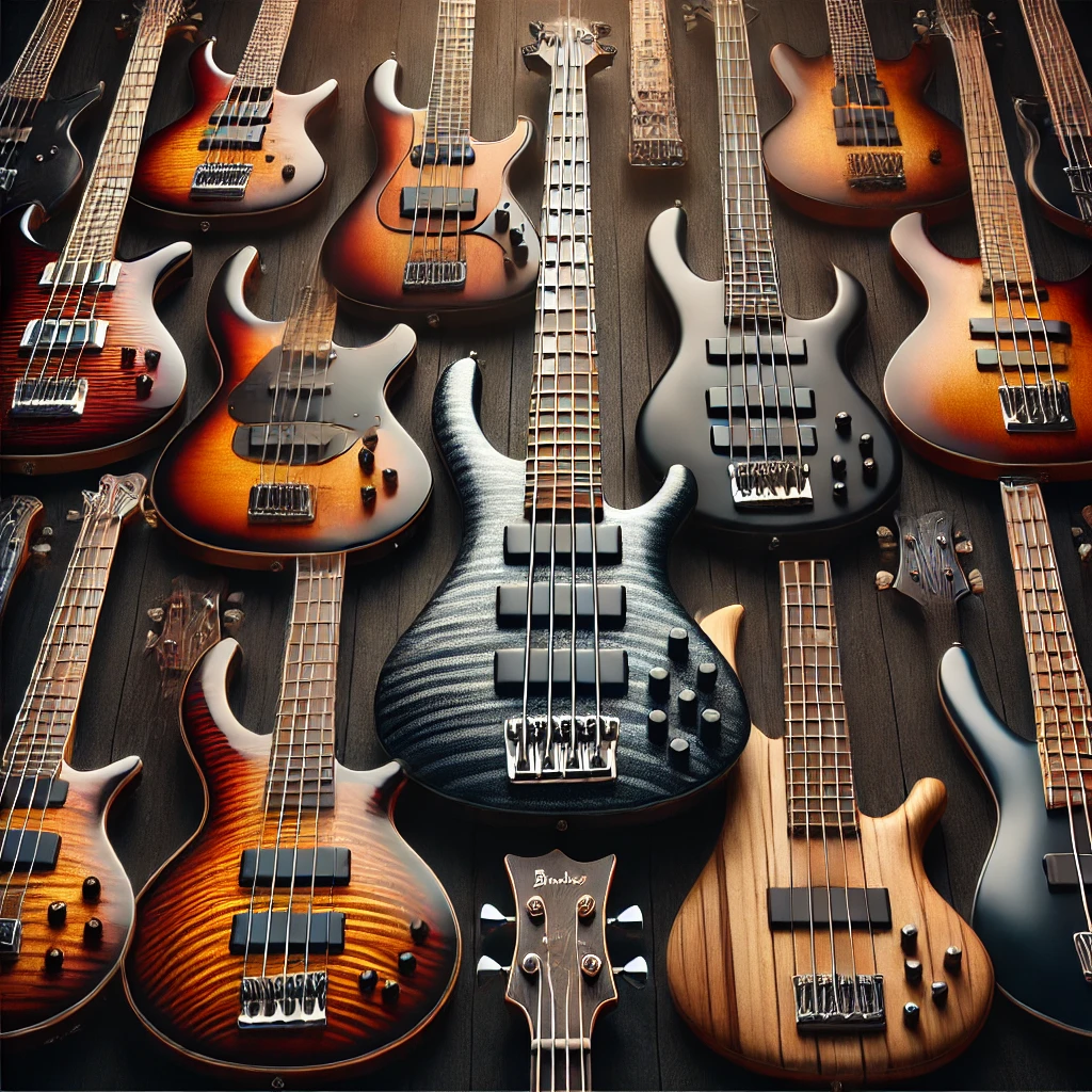 A featured image displaying a collection of sleek, modern 6-string electric bass guitars with extended fretboards, deep finishes, and powerful pickups, ideal for a complete guide.