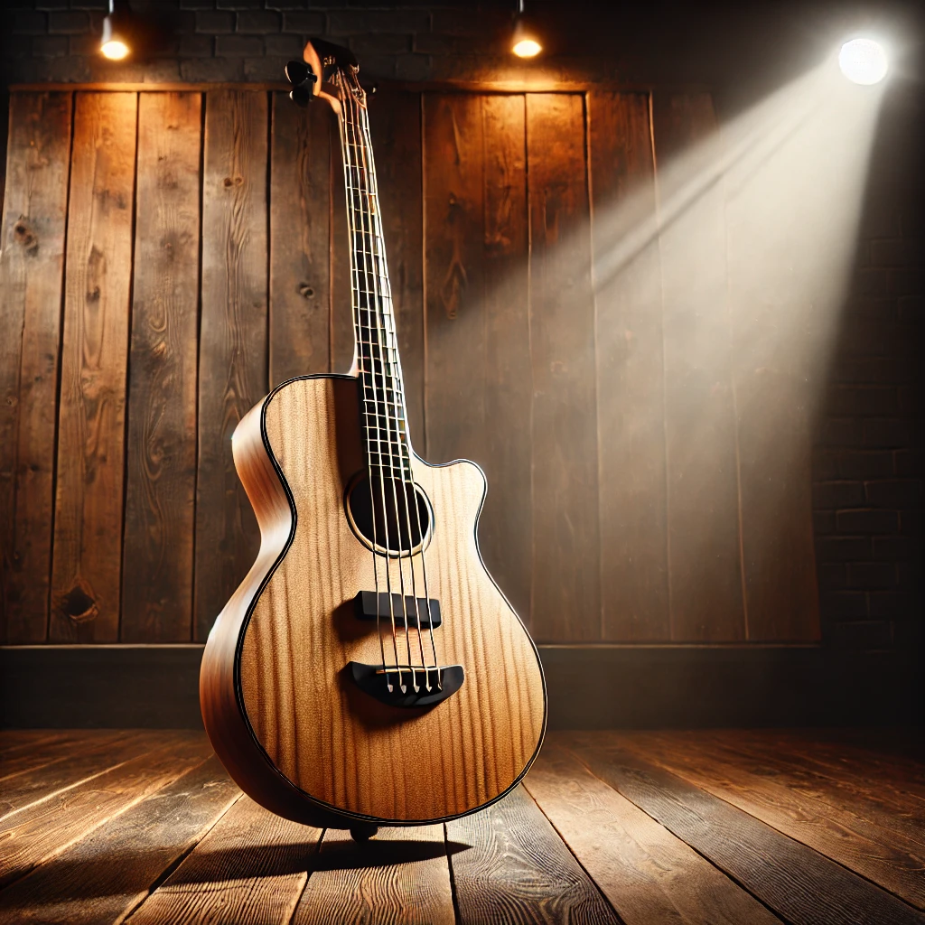 A beautifully crafted acoustic bass guitar standing upright in a well-lit studio, showcasing its natural wood grain and elegant design. bass akustik