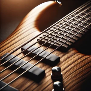 A close-up view of a 5-string bass guitar’s fretboard and strings, highlighting the texture of the wood, smooth frets, and sturdy string placement. The lighting emphasizes the instrument's craftsmanship.