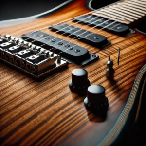 A close-up view of a left-handed electric guitar’s fretboard and pickups, highlighting the intricate details of the wood grain, fret markers, and premium electronics