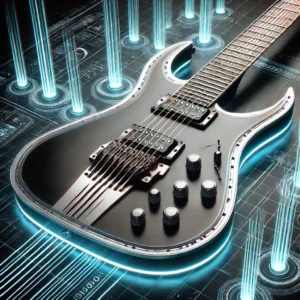 A futuristic 12-string electric guitar with LED-lit fret markers and a modern ergonomic design against a digital-themed background.
