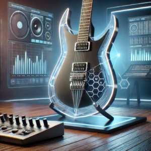 A futuristic left-handed electric guitar with a sleek, modern design and LED accents, displayed in a high-tech studio. The background features ambient lighting and digital sound equipment, emphasizing innovation in guitar design