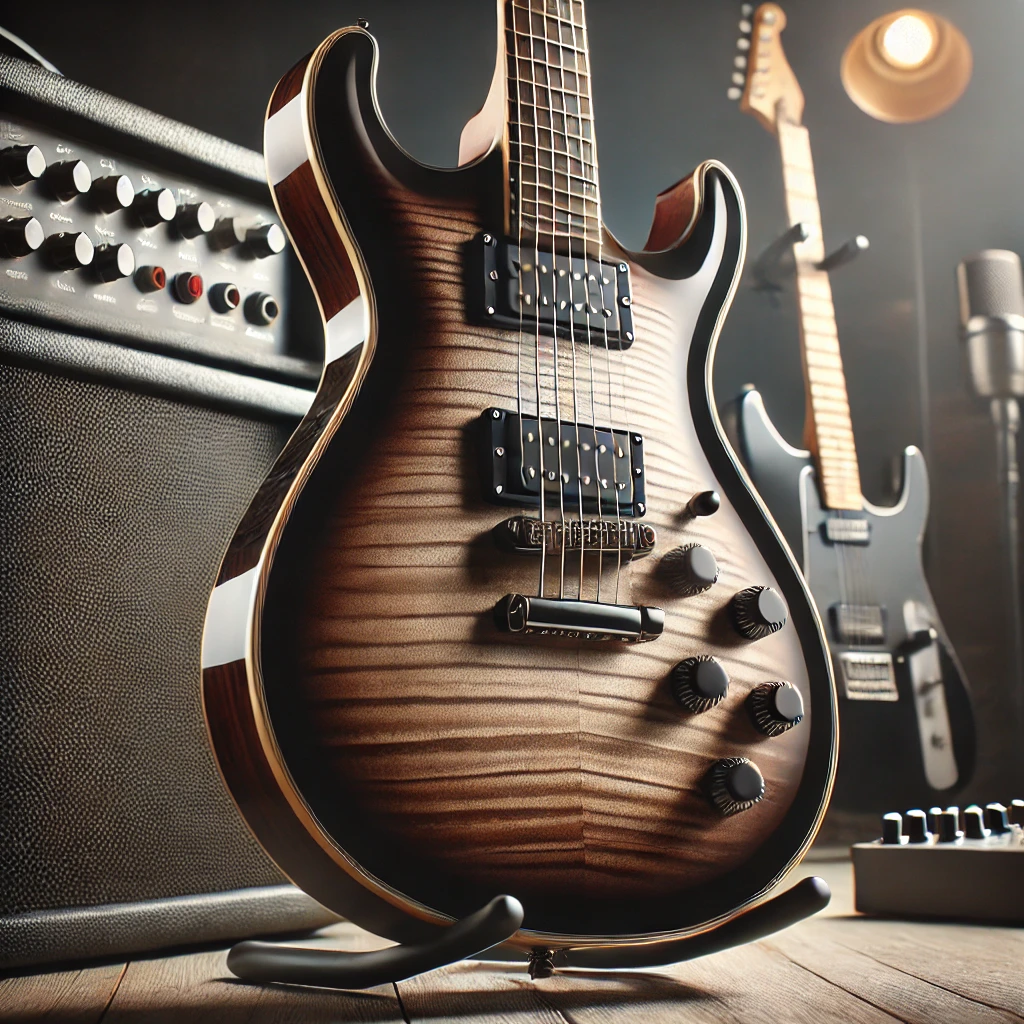 A high-quality left handed electric guitar with a sleek, modern design, displayed on a stand in a well-lit music studio. The background features an amplifier and recording equipment, emphasizing a professional music setup