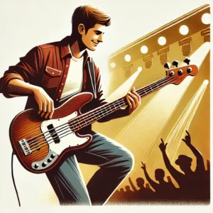 A lively illustration of a musician playing an acoustic bass guitar on stage, with warm lighting and a concert ambiance.