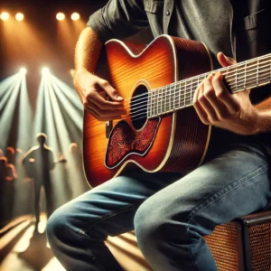 A professional musician playing a 12-string electric guitar on stage, demonstrating its rich sound.