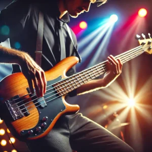 A professional musician playing a 5-string bass guitar on stage, illuminated by colorful stage lights. The musician's hands are positioned on the fretboard, showcasing a dynamic performance atmosphere.