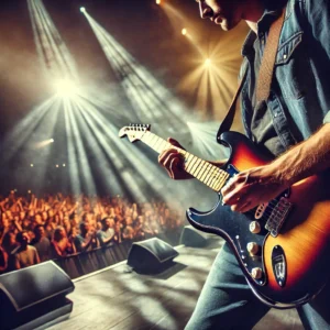 A professional musician playing a left-handed electric guitar on stage, with dramatic lighting and a vibrant crowd in the background. The musician is passionately strumming, highlighting the guitar’s role in live performances.