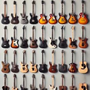 A side-by-side comparison of different 12-string electric guitars, showcasing various designs, colors, and features.