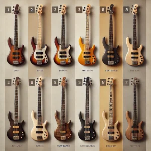 A side-by-side comparison of different 5-string bass guitars, showcasing variations in body shape, fretboard materials, and finishes. Each bass is displayed against a neutral background with clear labels highlighting their key differences.