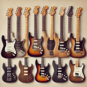 A side-by-side comparison of different left-handed electric guitars, showcasing various body shapes, finishes, and pickup configurations. The image includes classic, modern, and vintage-inspired designs