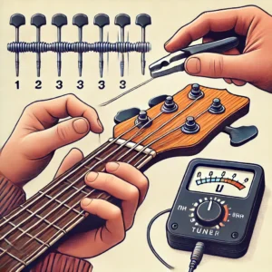 A step-by-step instructional illustration showing how to properly tune an acoustic bass guitar for optimal sound quality.