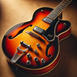 A vintage-inspired 12-string electric guitar with a semi-hollow body and classic F-holes, exuding retro charm. 