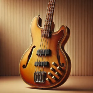 A vintage-inspired 5-string bass guitar with a semi-hollow body and warm wood finish, displayed against a softly lit retro backdrop. The bass guitar has elegant curves, classic tuning pegs, and a timeless design.