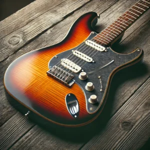 A vintage-inspired left-handed electric guitar with a sunburst finish and classic hardware, displayed on a rustic wooden surface. The image highlights its timeless appeal and craftsmanship