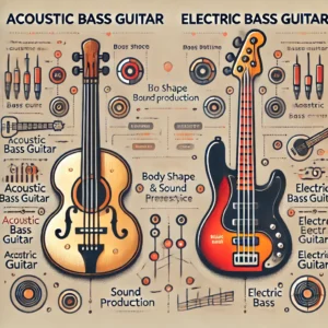 An infographic comparing an acoustic bass guitar and an electric bass, highlighting differences in sound, playability, and construction.