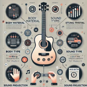 An infographic highlighting key factors to consider when choosing an acoustic bass guitar, including body material, string type, and playability.