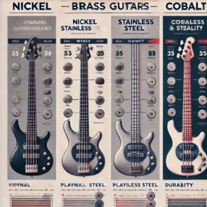 Chart comparing tonal qualities, playability, and durability of different 6-string bass guitar string materials, including nickel, stainless steel, and cobalt