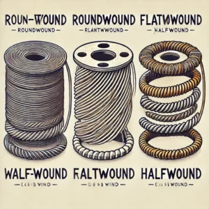 Illustration depicting different winding types of 6 string bass guitar strings, including roundwound, flatwound, and halfwound, with texture details and labels