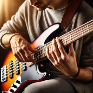 Beginner playing a 4-string bass guitar, demonstrating proper hand positioning and posture for effective learning.