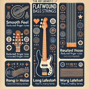 An infographic showcasing the key benefits of flatwound bass strings, such as smooth feel, reduced finger noise, and rich, warm tones.