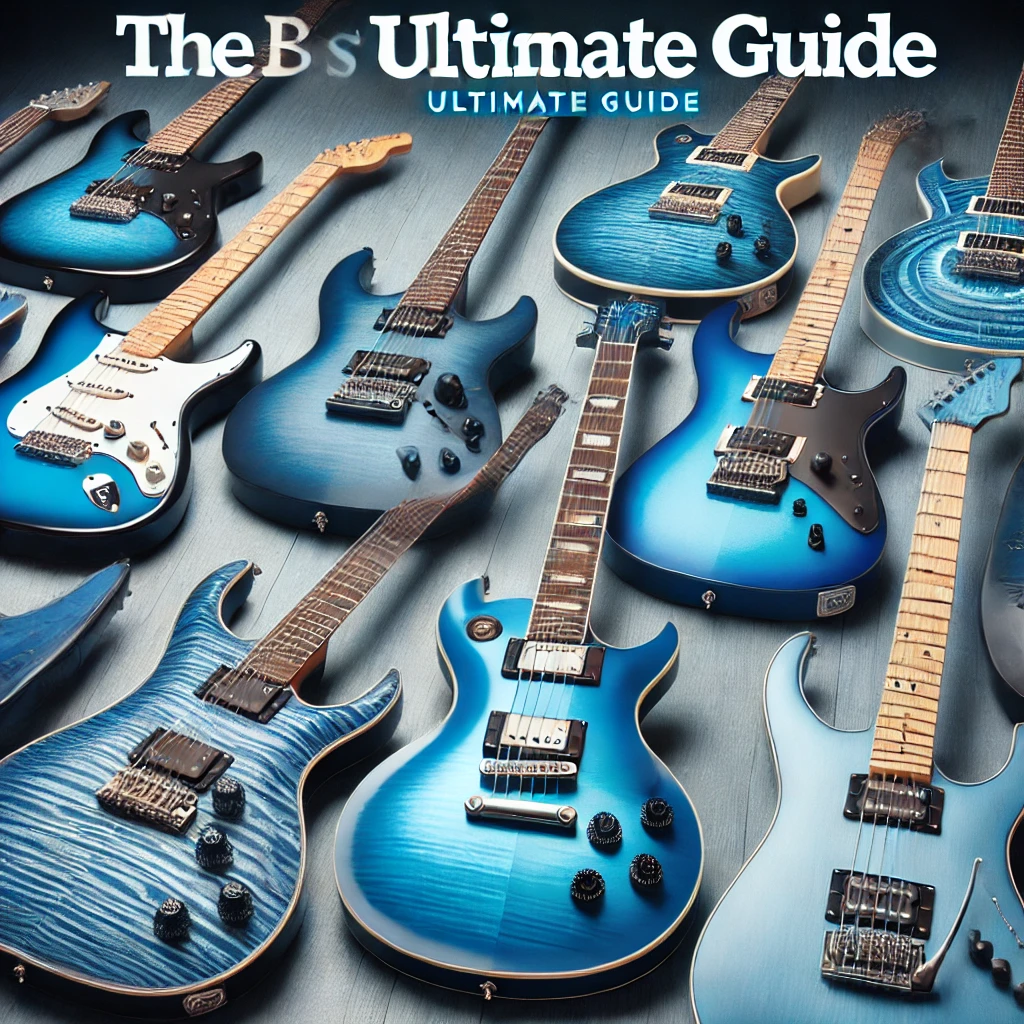 A collection of the best blue electric guitars, featuring models from Fender, Gibson, PRS, Ibanez, and Epiphone in various shades and finishes.