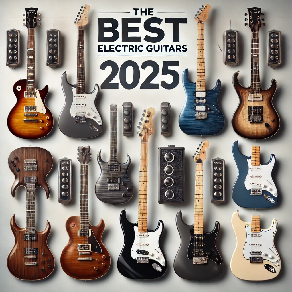 A collection of the best electric guitars of 2025, featuring top models from Fender, Gibson, PRS, Ibanez, and Epiphone in various styles and colors.