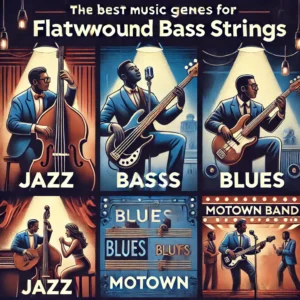 An illustration highlighting the best music genres for flatwound bass strings, including jazz, blues, and Motown, with visual elements representing each style.