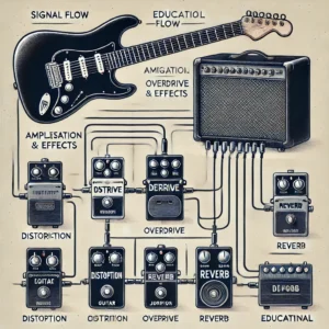 Amplification and effects setup for a black electric guitar, showing the signal flow through distortion, overdrive, and reverb pedals to an amplifier.
