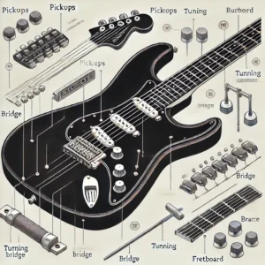 Detailed diagram of a black electric guitar showing labeled parts such as the pickups, bridge, tuning pegs, and fretboard with clear labels and arrows.
