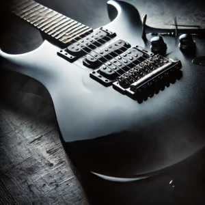 Sleek black electric guitar with a glossy finish, set against a dark, moody background with dramatic lighting, highlighting the guitar's curves, pickups, and fretboard.