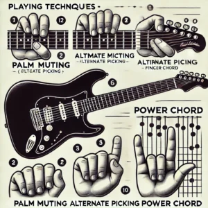 Playing techniques guide for a black electric guitar, showing methods like palm muting, alternate picking, and power chord finger placements on the fretboard.
