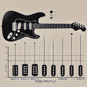 Tone profile chart for a black electric guitar, showing the sound characteristics of different pickup configurations, such as single-coil and humbucker.