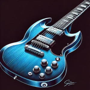 A blue Epiphone SG electric guitar with a deep blue glossy finish, dual humbuckers, batwing headstock, and lightweight rock-inspired body.