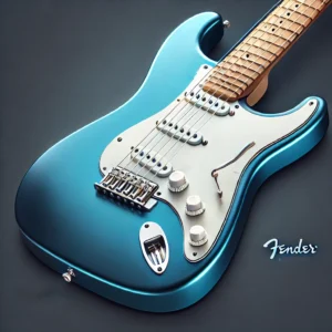 A blue Fender Stratocaster electric guitar with a glossy metallic finish, white pickguard, three single-coil pickups, and a smooth maple neck.