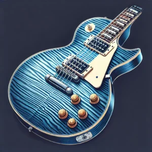 A blue Gibson Les Paul electric guitar with a deep blue flamed maple finish, dual humbucker pickups, and a classic carved-top mahogany body.