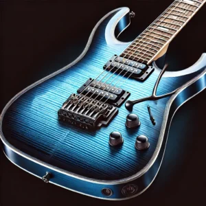 A blue Ibanez RG electric guitar with a metallic blue finish, double-cutaway body, fast-playing maple neck, and high-output humbuckers.