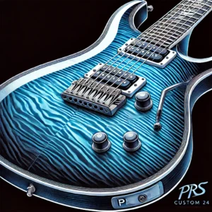 A blue PRS Custom 24 electric guitar with a quilted maple top, bird inlays, dual humbucker pickups, and a contoured double-cutaway design.
