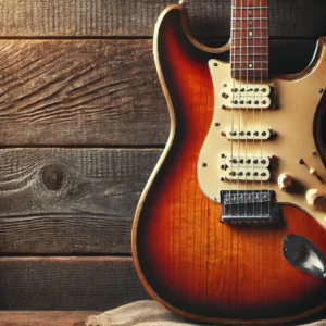 A vintage-style electric guitar with a warm mahogany finish and retro design, evoking a classic and timeless vibe.